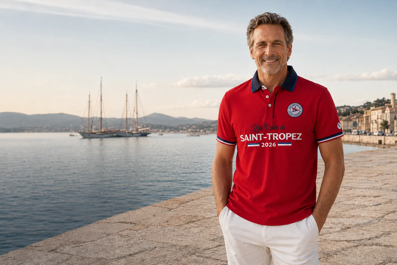 A man in a red polo shirt from the 2026 collection on the quay in Saint-Tropez, the fleet at anchor behind him.