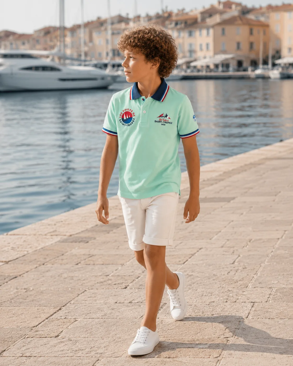 A child walking along the quay in a mint green polo shirt from the 2026 collection.