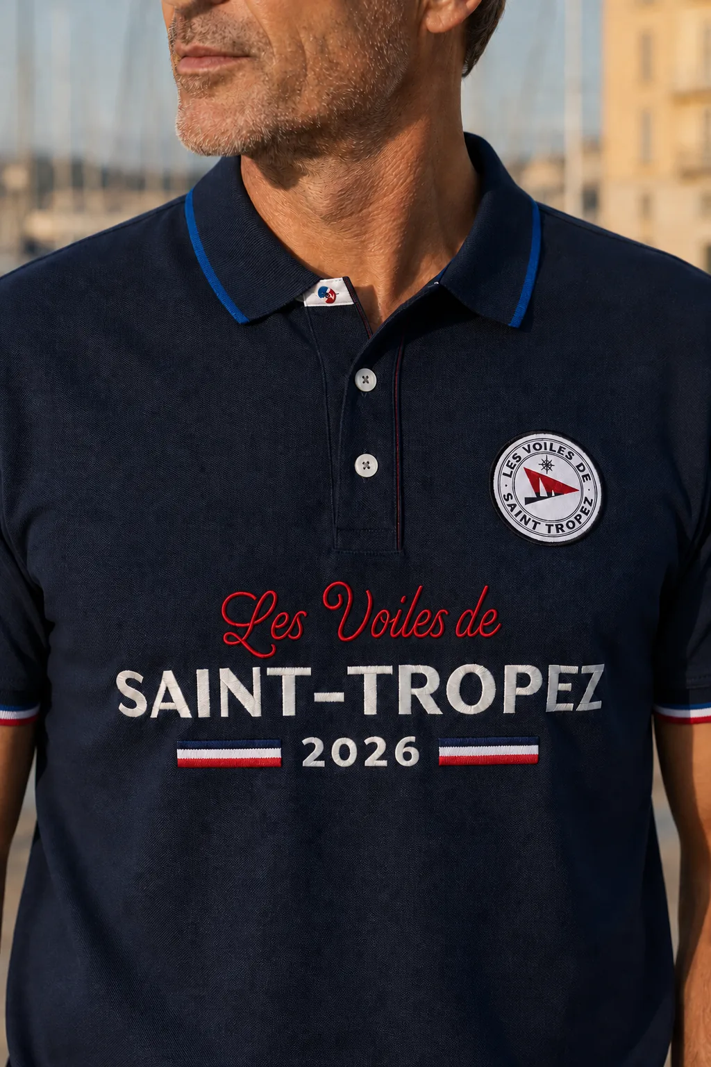 The navy Polo Limited Edition 26 worn, seen at chest height: round badge, embroidered lettering, tricolour bars and tipping at the cuff.