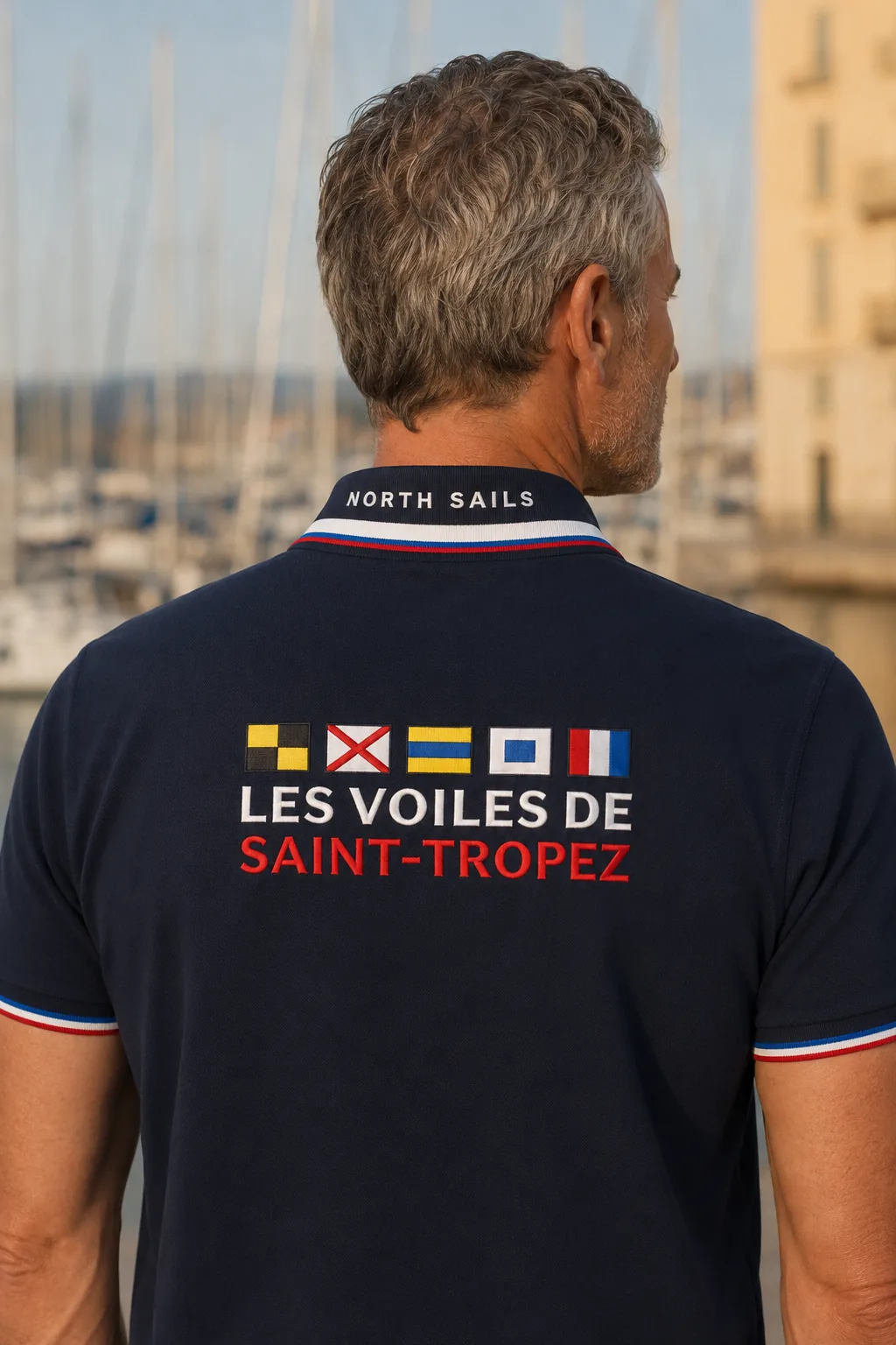 The same polo shirt from behind: back embroidery with international code signal flags.