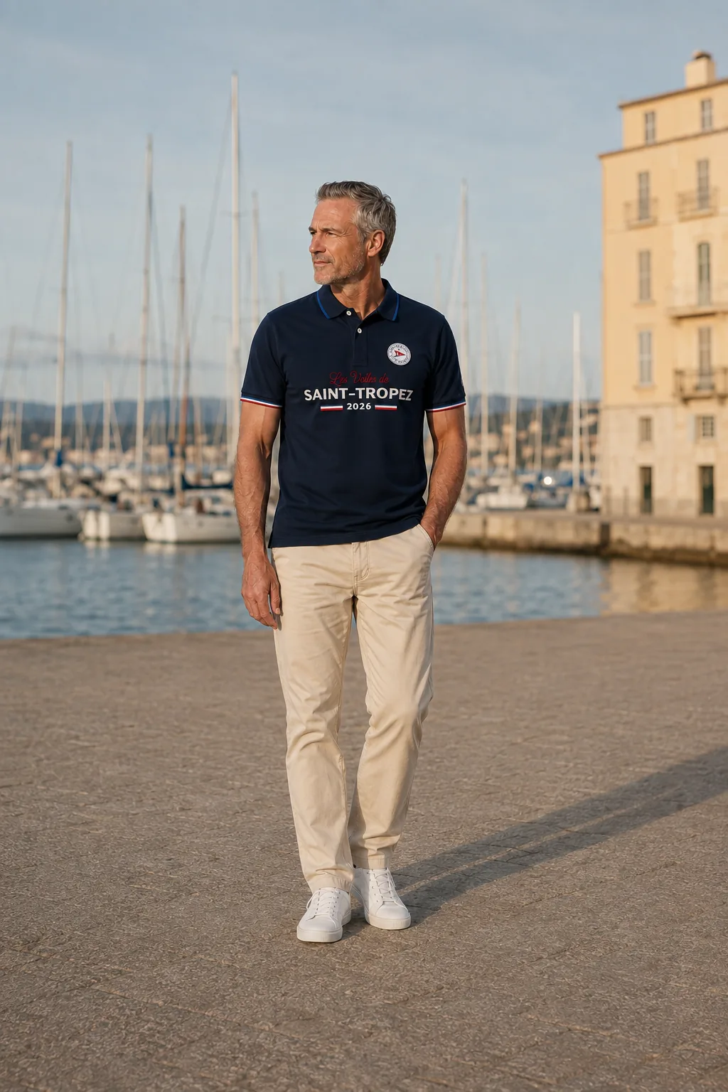 A man in a navy polo shirt from the 2026 collection standing on the quay in Saint-Tropez, masts behind him.