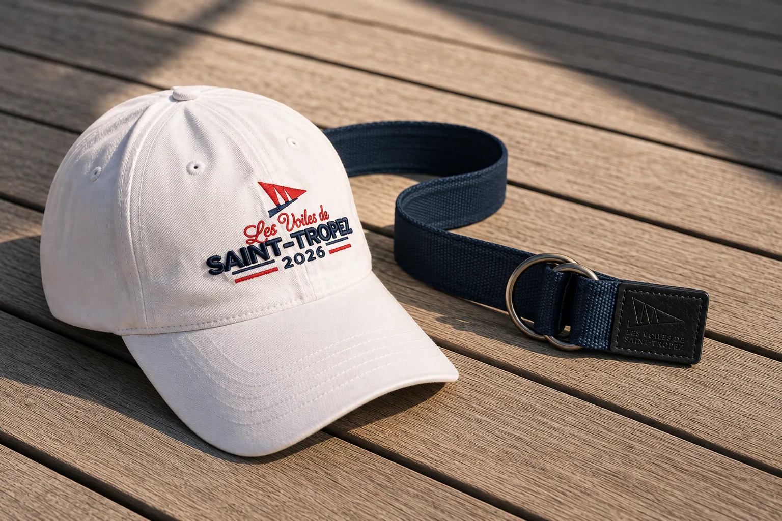 The cap and belt from the 2026 collection laid on a wooden deck.
