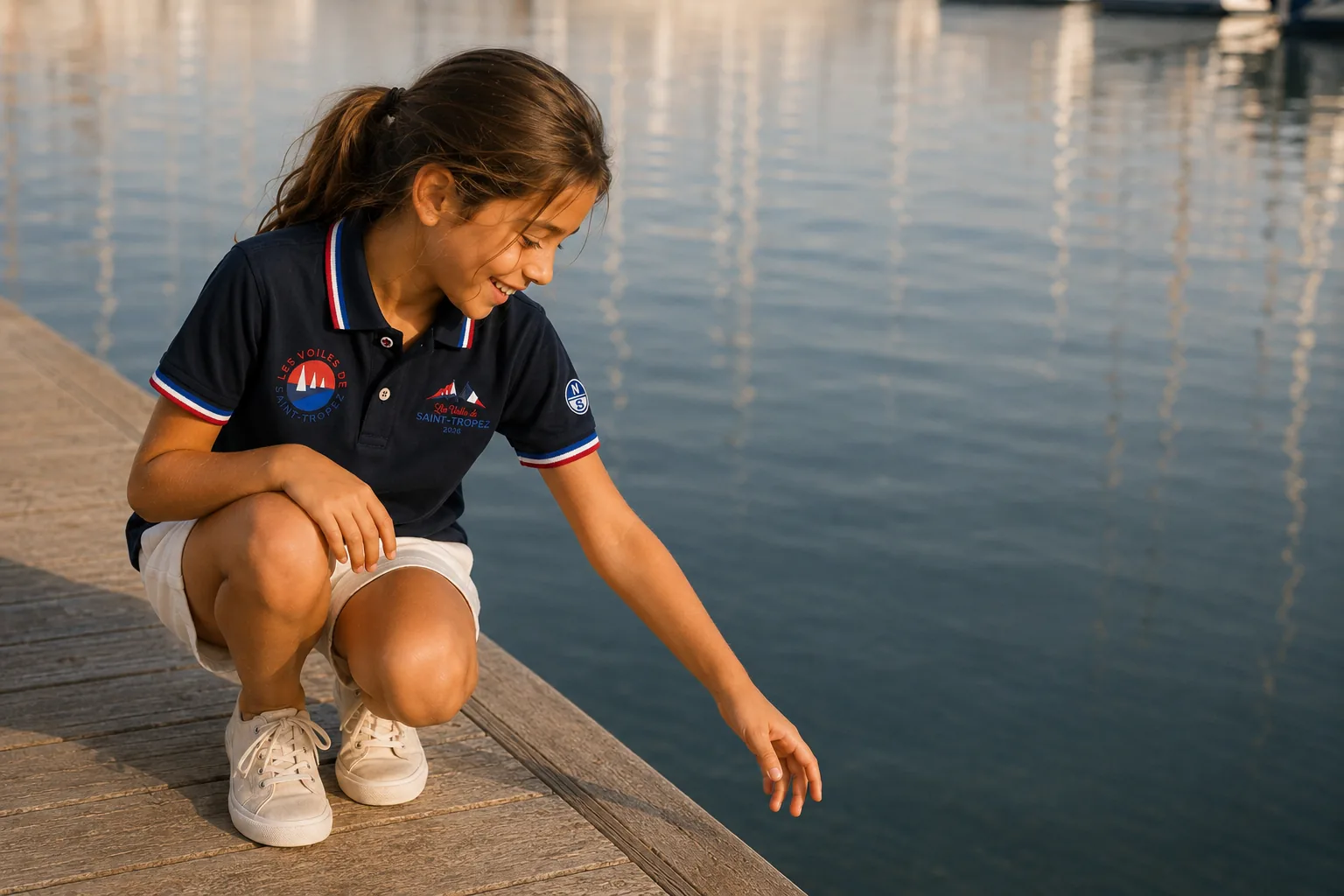 A child in a navy polo shirt from the 2026 collection, crouching at the edge of a pontoon, hand towards the water.