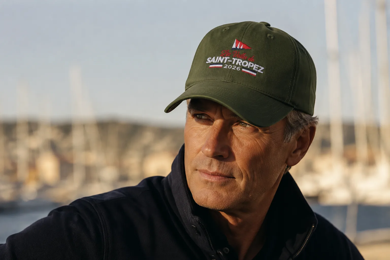 A man wearing the laurel green cap from the 2026 collection, the harbour masts behind him.