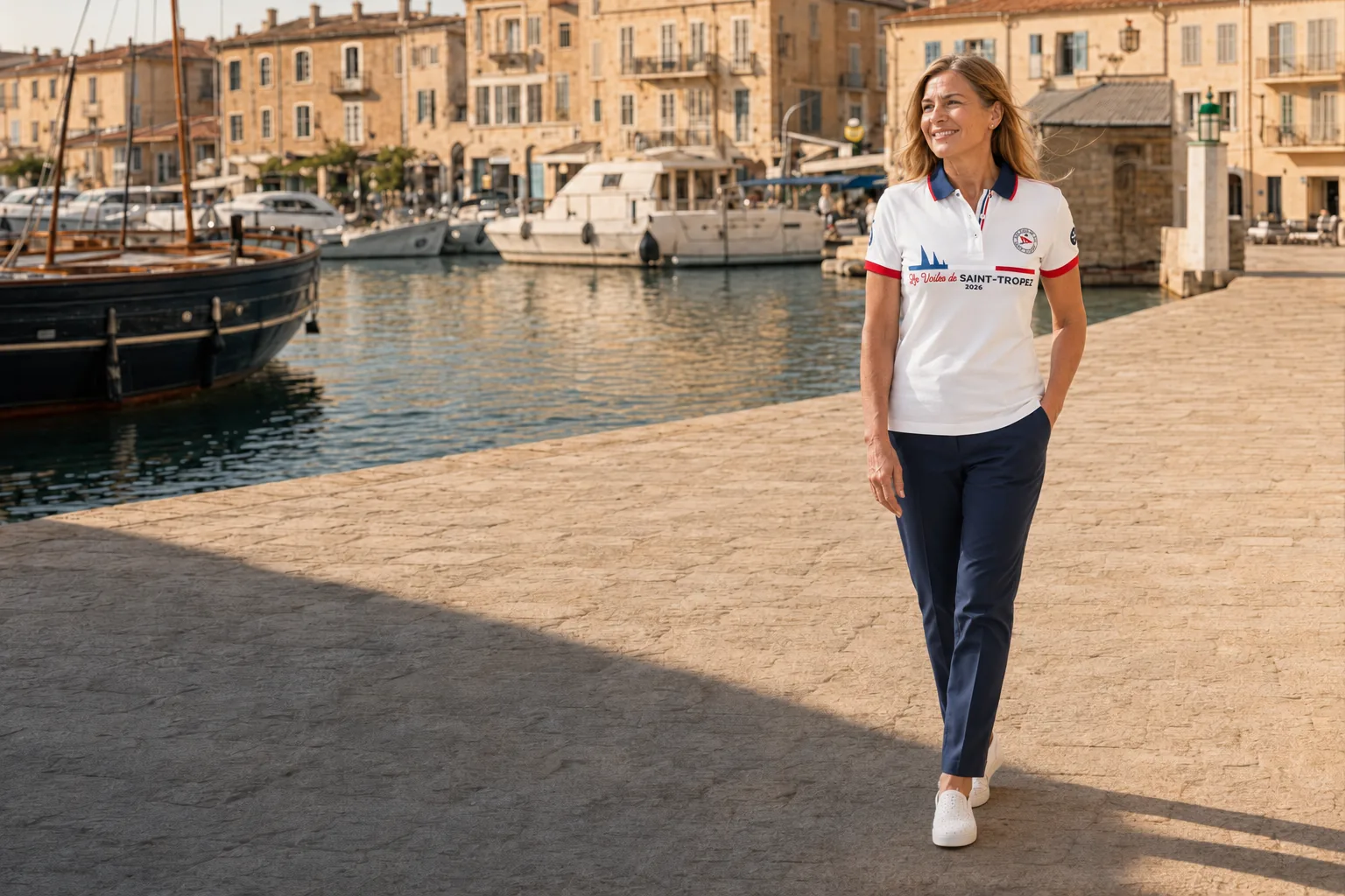 A woman in a white polo shirt from the 2026 collection walking along the quay in Saint-Tropez at the end of the day.