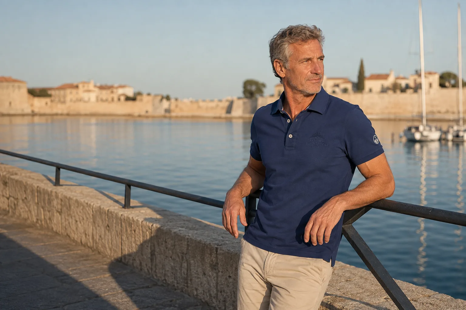 A man in a navy polo shirt from the 2026 collection, leaning on a railing facing the harbour in Saint-Tropez.