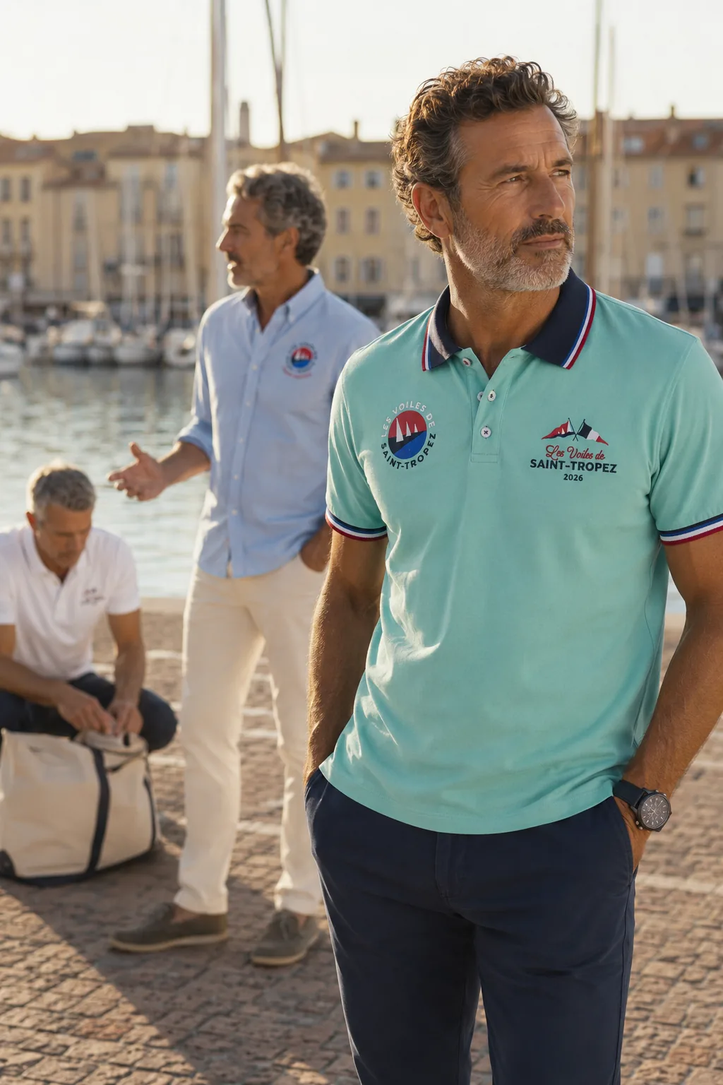 Three men on the quay in Saint-Tropez; in the foreground, the mint green polo shirt with a navy collar from the 2026 collection.